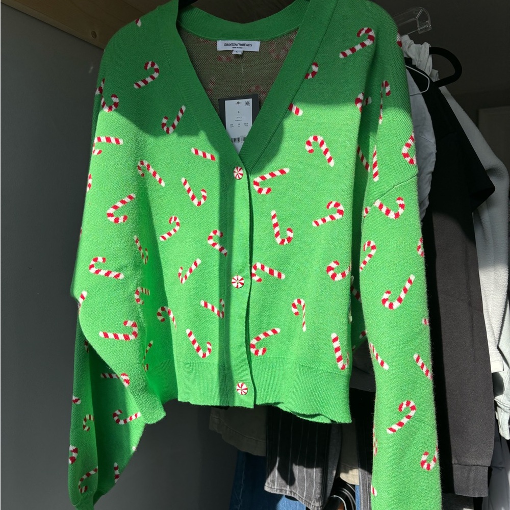 Grayson Threads Green Cardigan with Festive Pattern